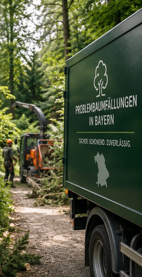 Firmenfahrzeug Problembaumfällungen in Bayern im Wald